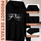 Feature collage for the men's Cowl Emerging from Smoke hoodie: hood shape, pouch pocket and cuff finishing