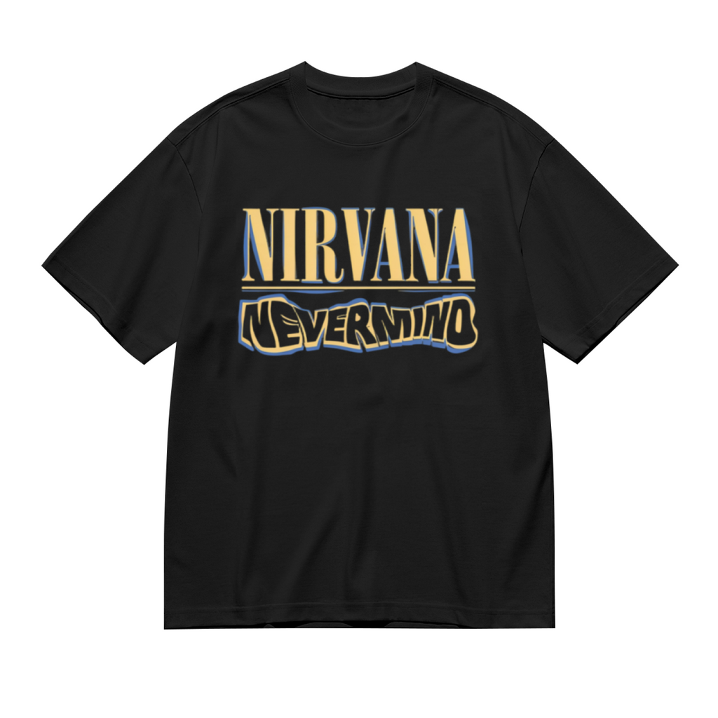 Graphic T-shirt product image with nevermind blue yellow logo artwork