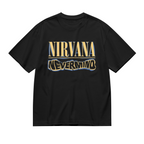Graphic T-shirt product image with nevermind blue yellow logo artwork