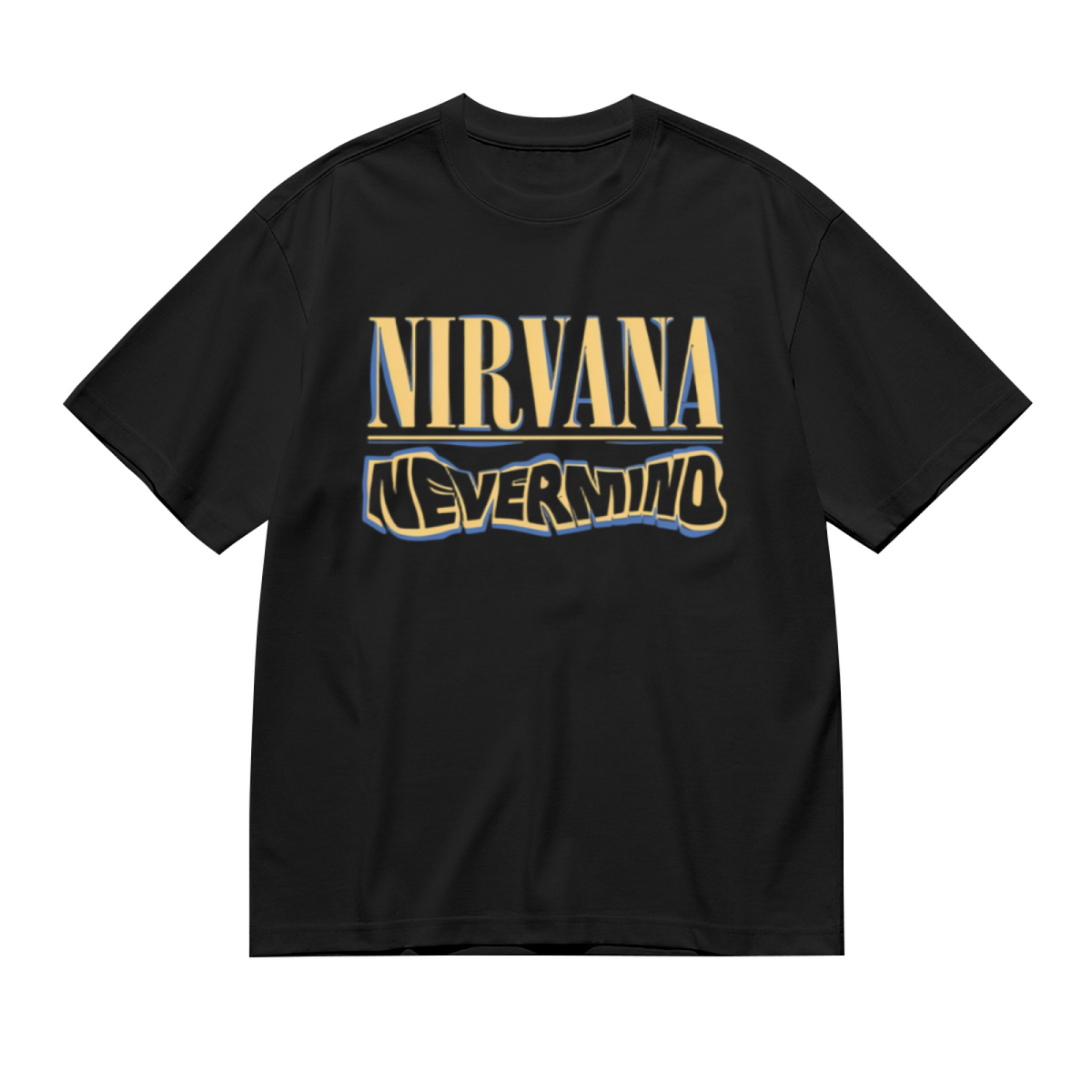 Graphic T-shirt product image with nevermind blue yellow logo artwork