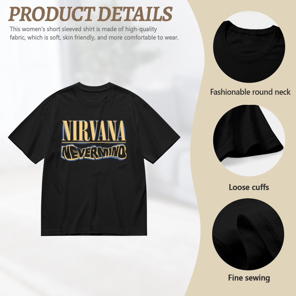 Graphic T-shirt product image with nevermind blue yellow logo artwork