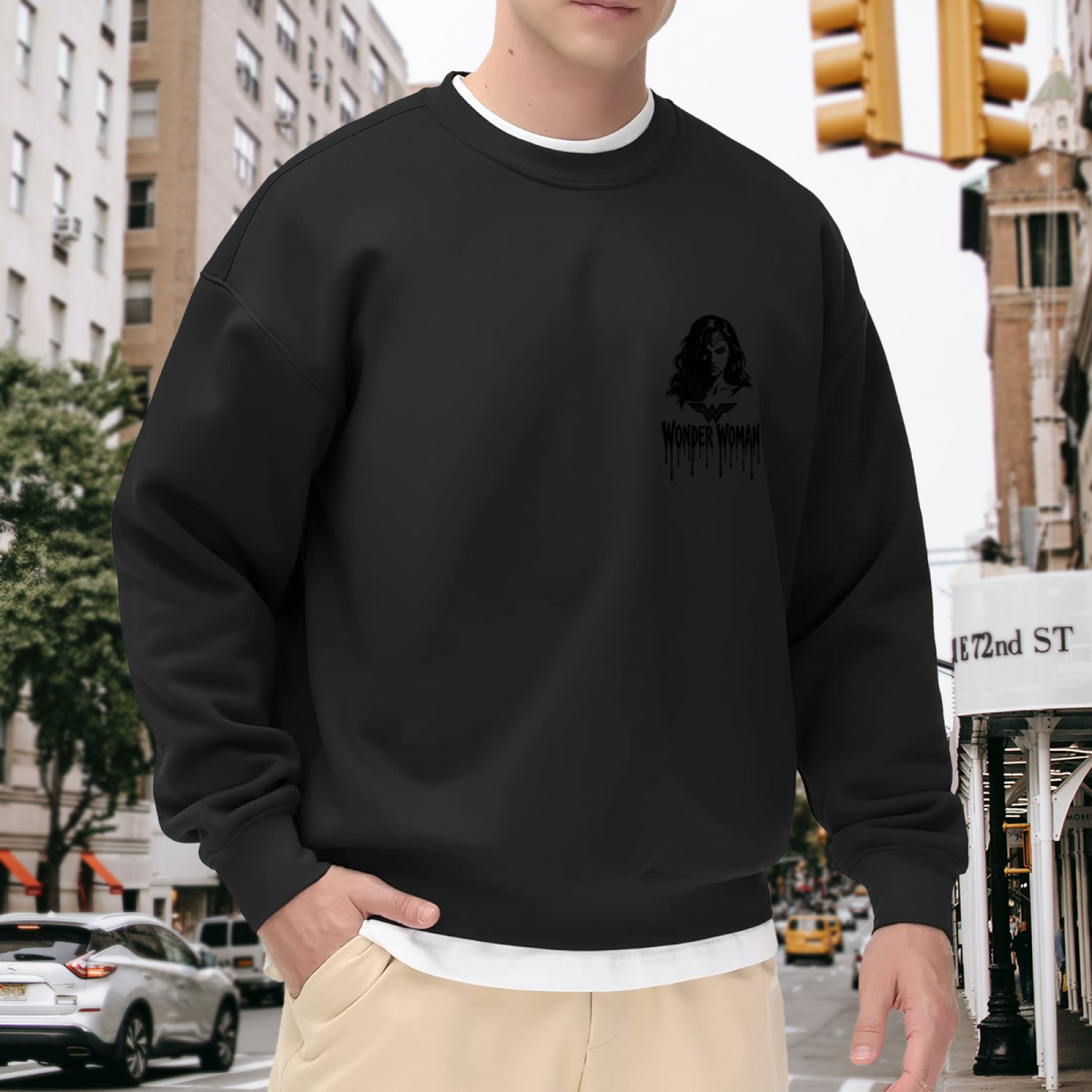 Lifestyle image outdoors: men's crewneck sweatshirt with a front graphic of a compact warrior silhouette in an ink-like style with lettering