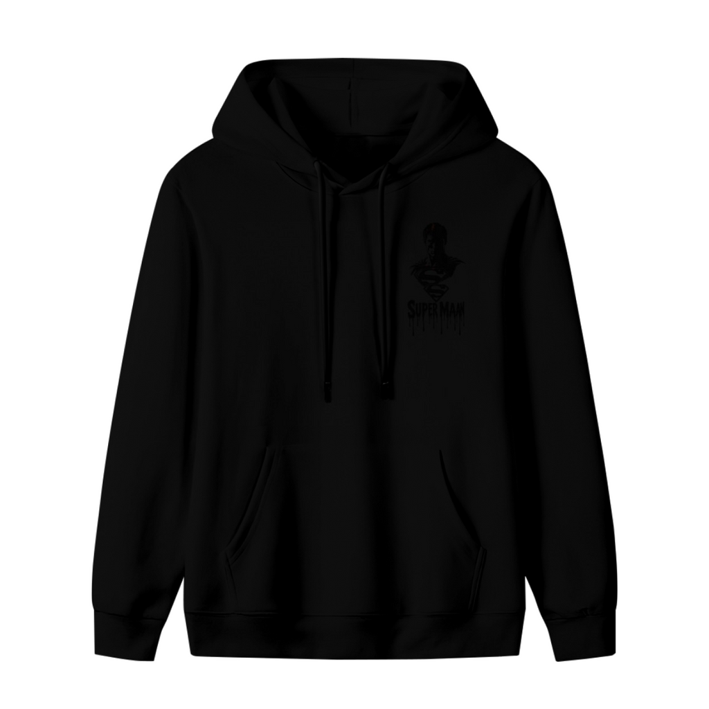 A small caped ink silhouette with lettering shown on the front of a men's hoodie in a standalone product shot