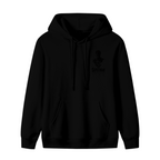 A small caped ink silhouette with lettering shown on the front of a men's hoodie in a standalone product shot