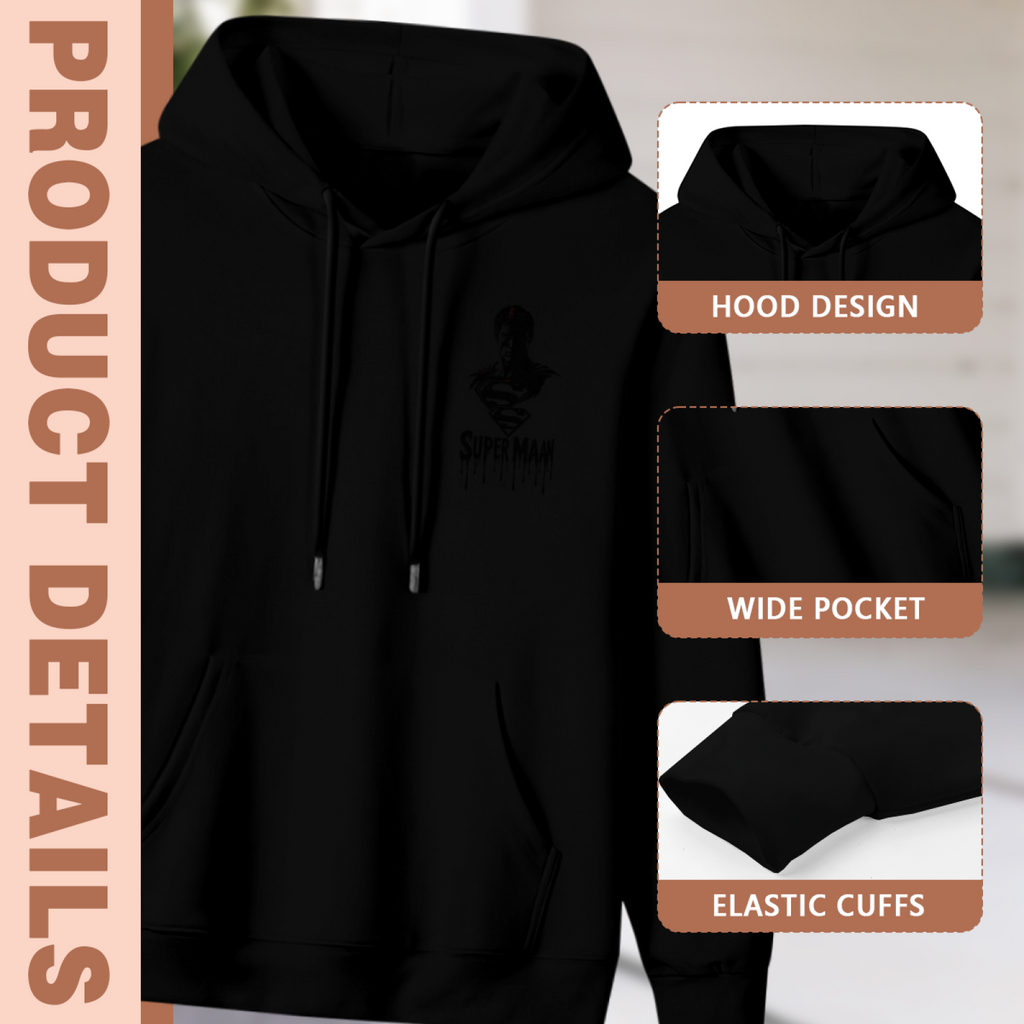 Hood, pouch pocket and sleeve-cuff detail images accompanying the men's Minimal Cape Silhouette hoodie