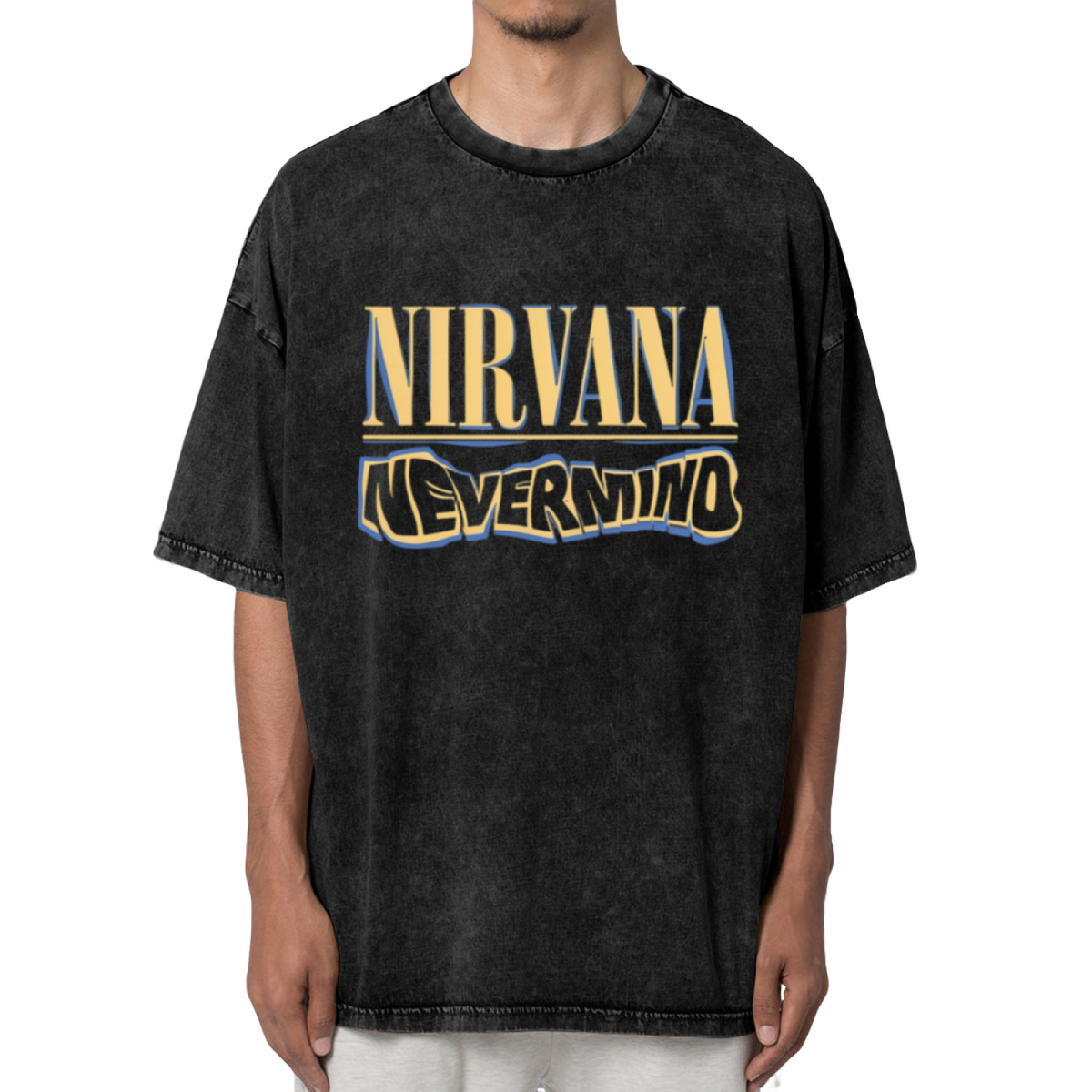 Nirvana Nevermind Logo Washed Graphic Tee in Black, product image showing a Nevermind-themed lettering graphic using yellow and blue tones.