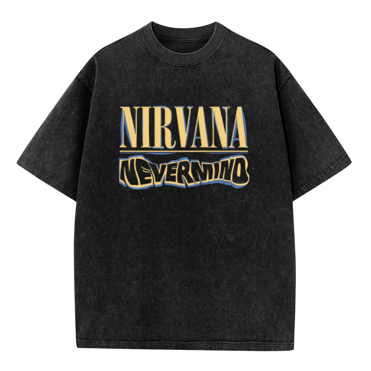 Nirvana Nevermind Logo Washed Graphic Tee in Black, product image showing a Nevermind-themed lettering graphic using yellow and blue tones.