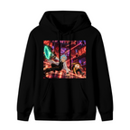 Unworn men's hoodie, front view of the design depicting figures escaping through intersecting laser beams in a futuristic city