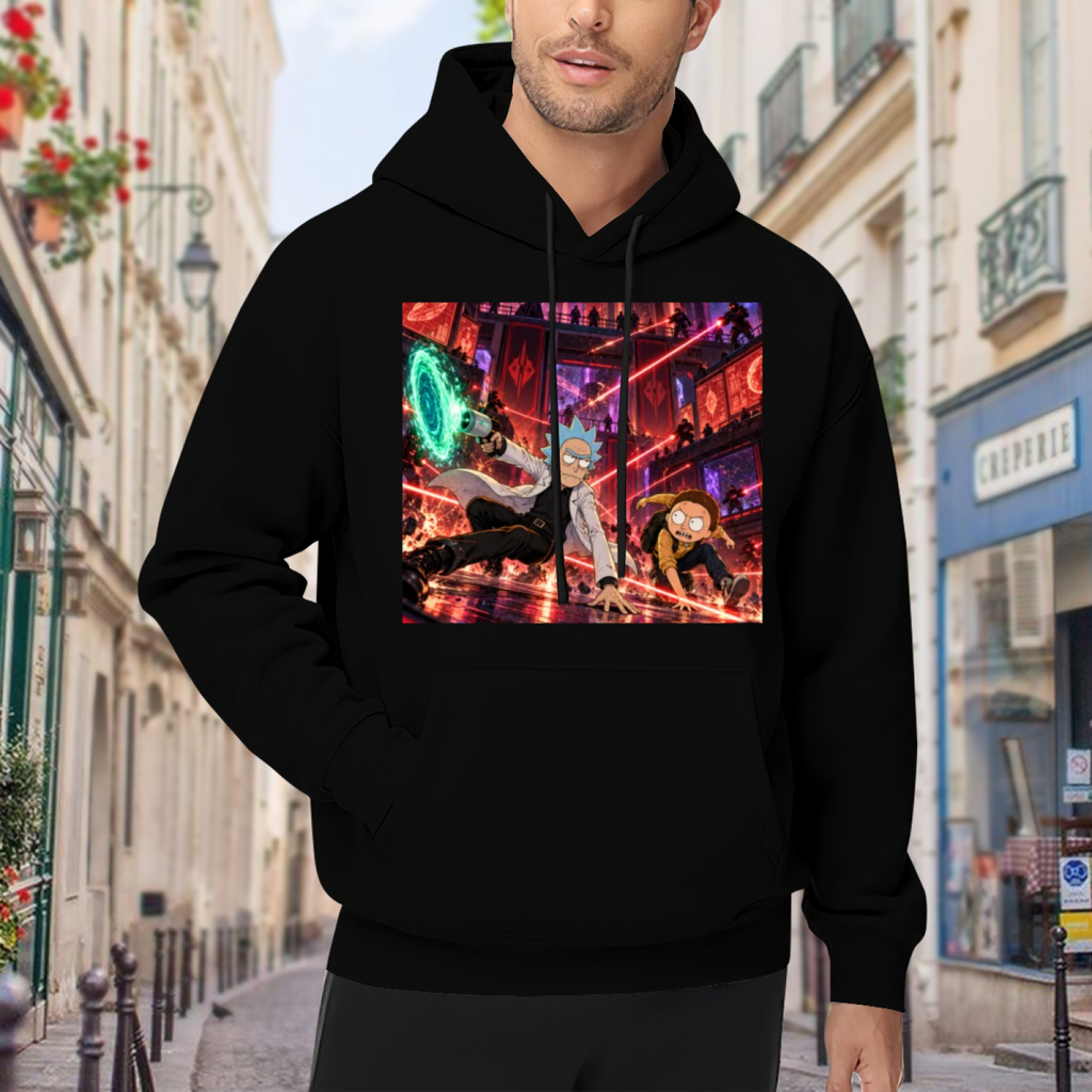 On-location model photograph displaying figures escaping through intersecting laser beams in a futuristic city on the front of a men's hoodie