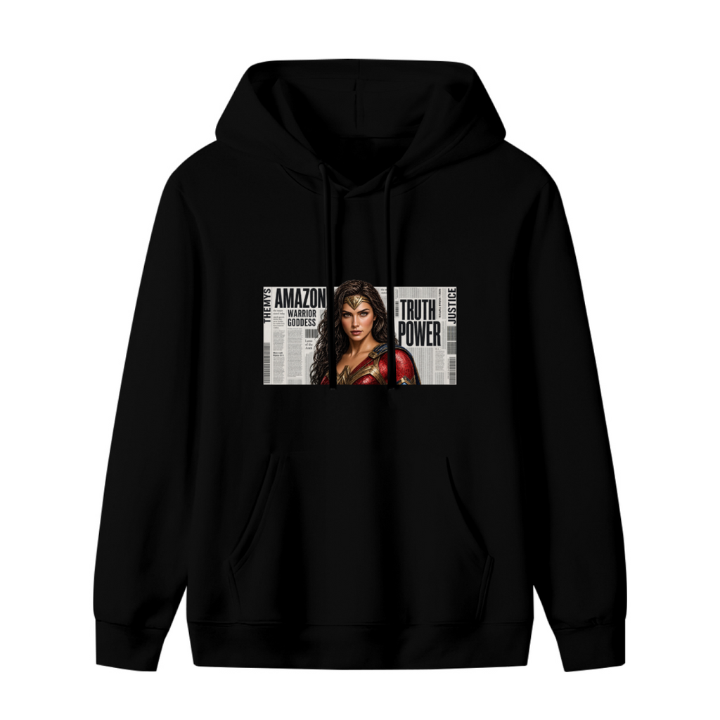 Women's hoodie photographed alone, with a determined warrior portrait over large newspaper-style lettering on the front
