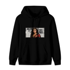 Women's hoodie photographed alone, with a determined warrior portrait over large newspaper-style lettering on the front