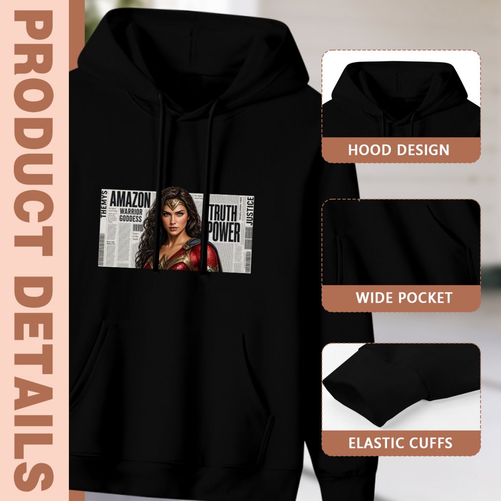 Feature collage for the women's A Portrait against Headlines hoodie: hood shape, pouch pocket and cuff finishing