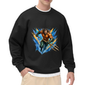 Studio photograph of a model in a men's crewneck sweatshirt showing an armored trident bearer surrounded by sharp multicolored paint streaks