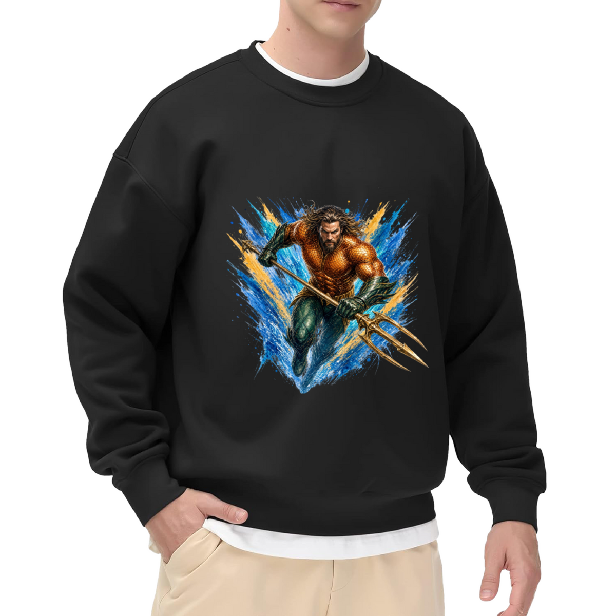Studio photograph of a model in a men's crewneck sweatshirt showing an armored trident bearer surrounded by sharp multicolored paint streaks