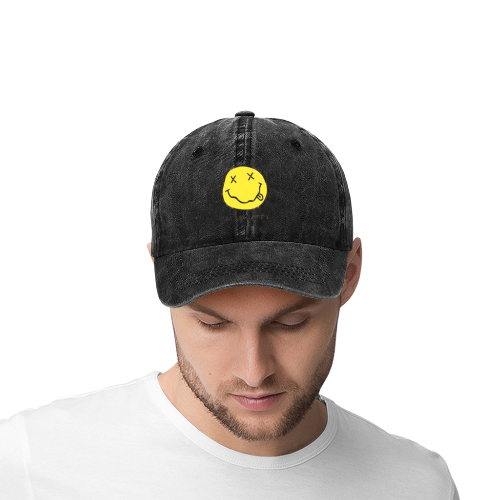 Nirvana I’m So Happy Graphic Washed Baseball Cap; Nirvana-inspired I’m So Happy text graphic