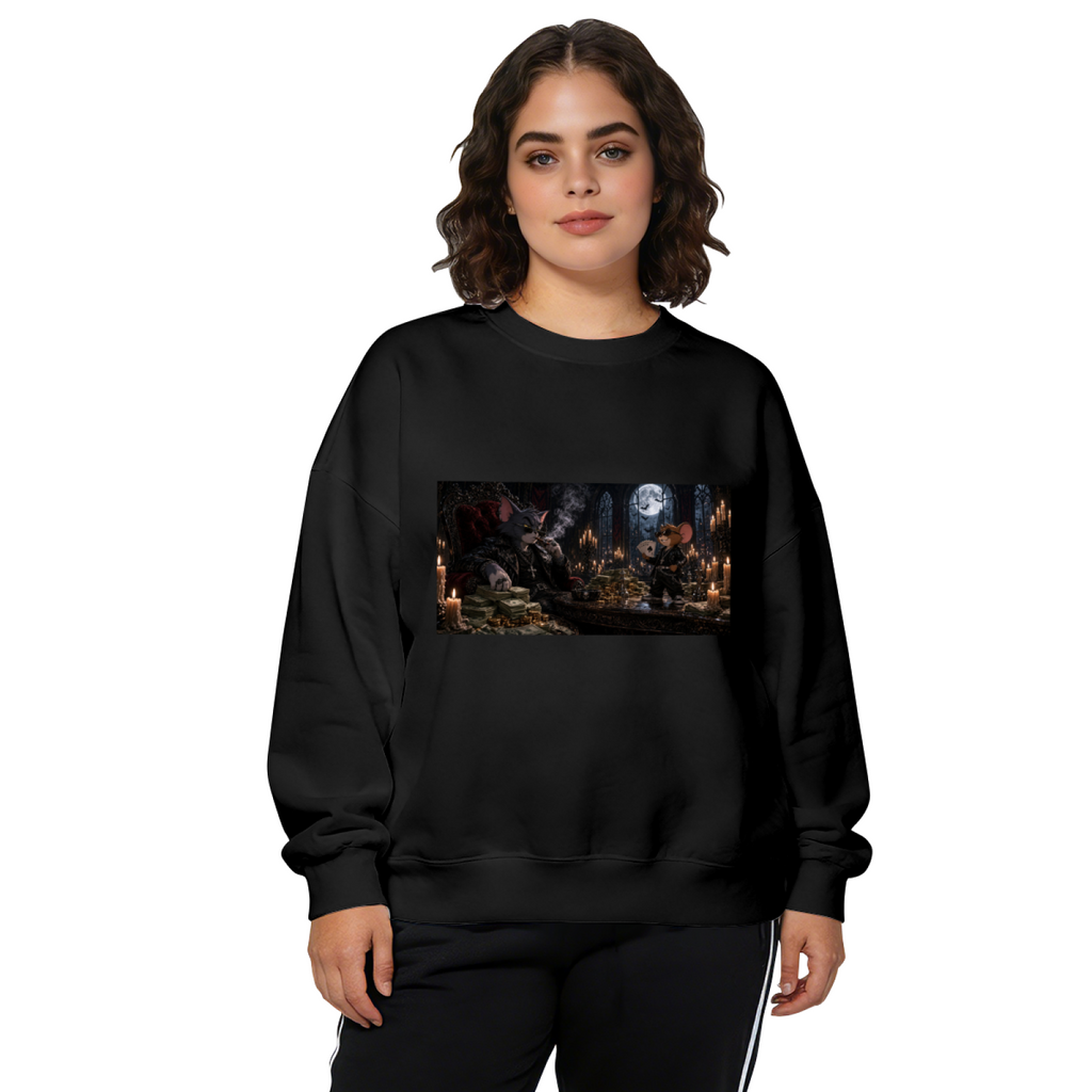 Studio photograph of a model in a women's crewneck sweatshirt showing animal figures gathered around a banquet table in a candlelit Gothic hall