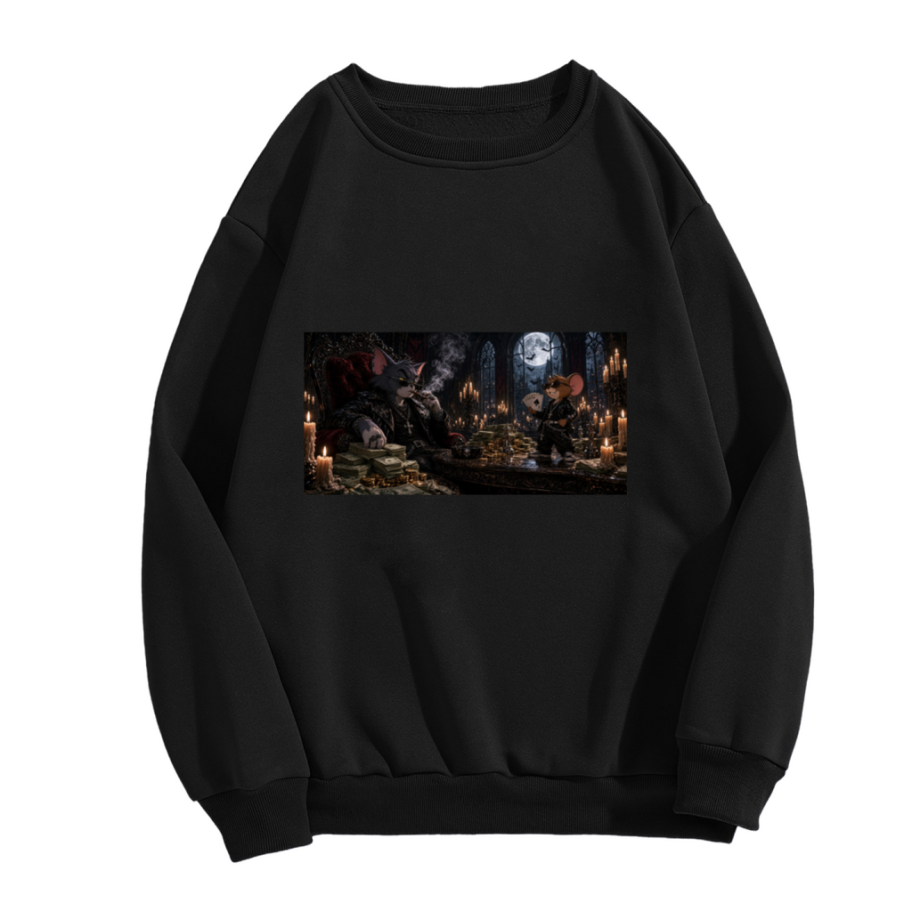 Standalone women's crewneck sweatshirt front displaying a graphic of animal figures gathered around a banquet table in a candlelit Gothic hall
