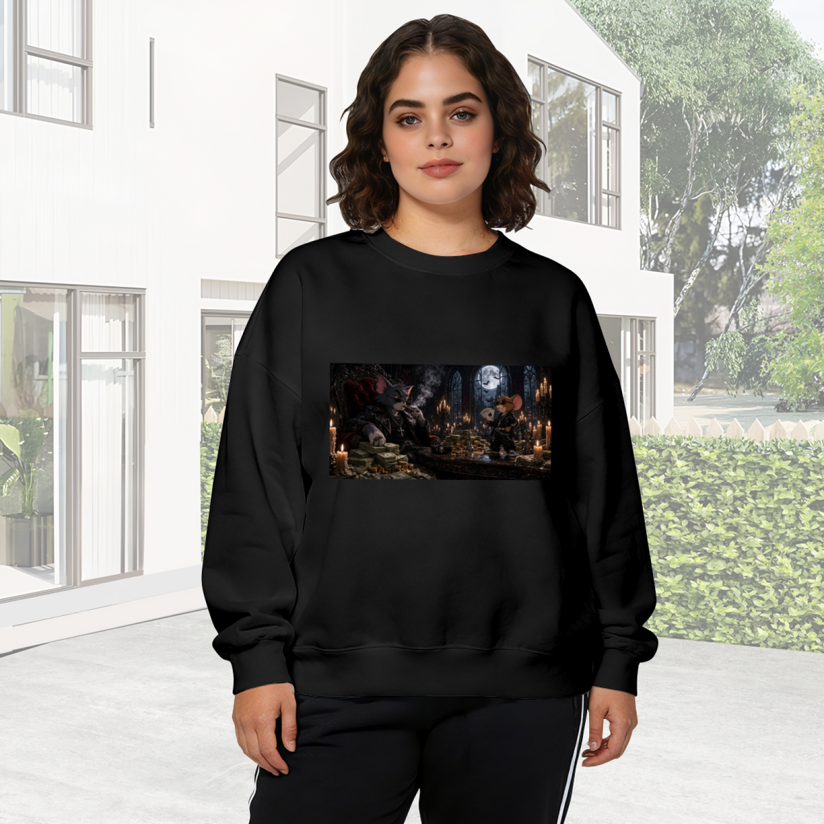 Women's crewneck sweatshirt worn outside, with the camera facing the graphic of animal figures gathered around a banquet table in a candlelit Gothic hall