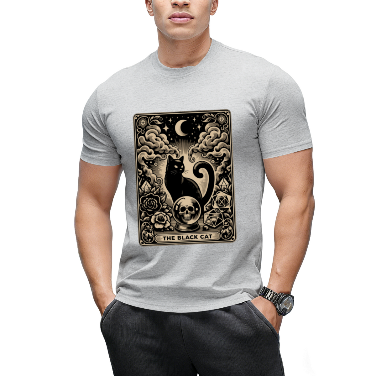 The Black Cat Halloween Tarot Card Graphic T-Shirt