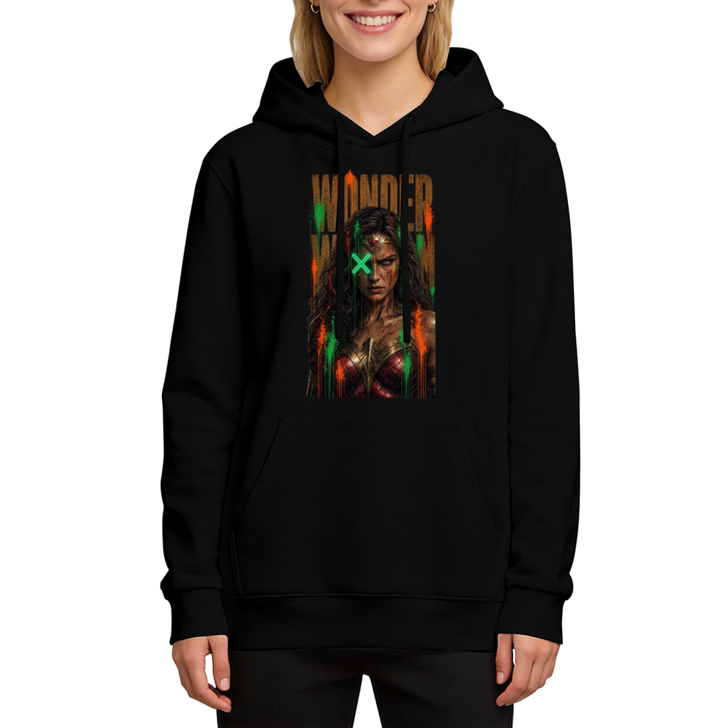 Studio photograph of a model in a women's hoodie showing a tall graffiti-style warrior portrait with a green X across the eyes