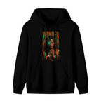 Standalone women's hoodie front displaying a graphic of a tall graffiti-style warrior portrait with a green X across the eyes