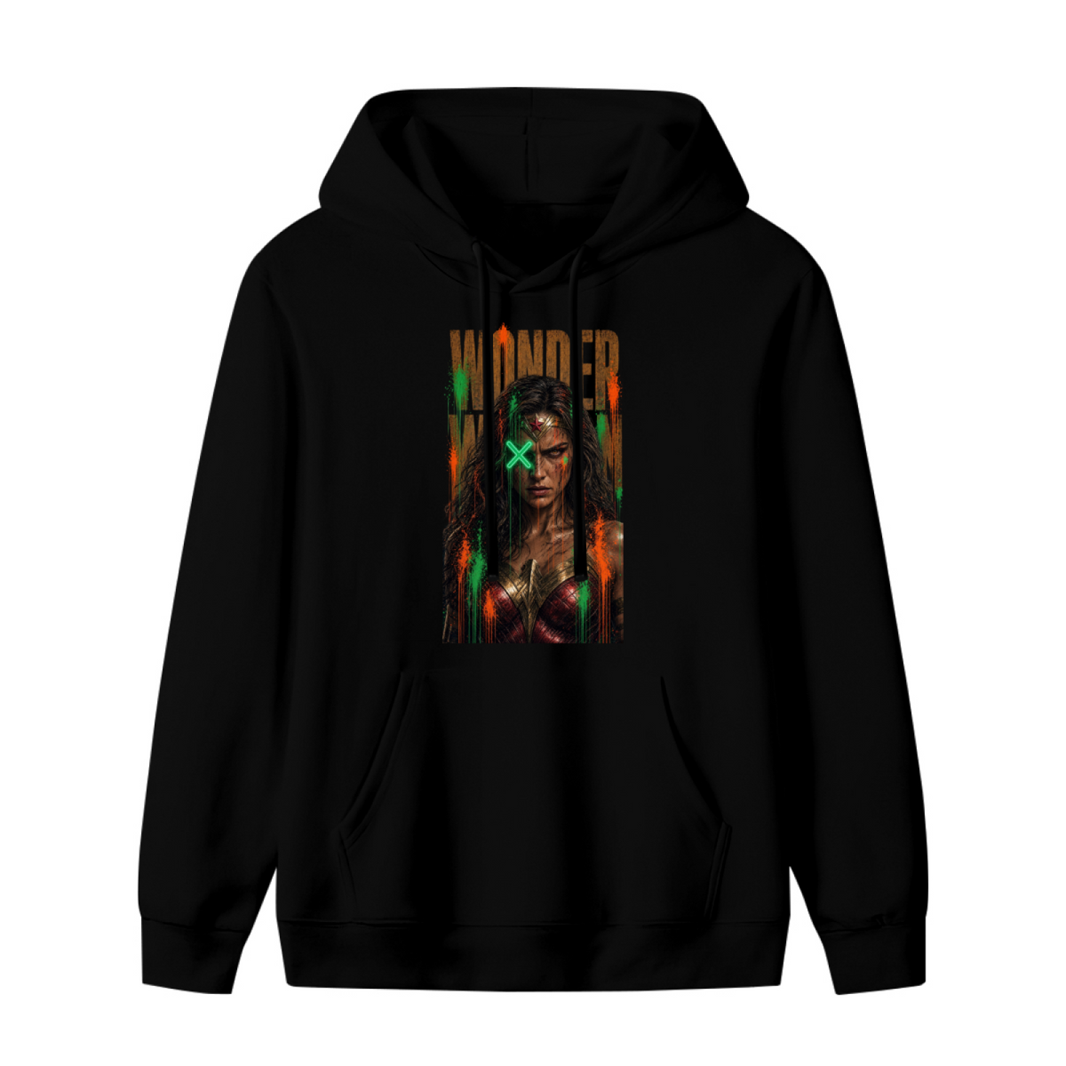 Standalone women's hoodie front displaying a graphic of a tall graffiti-style warrior portrait with a green X across the eyes
