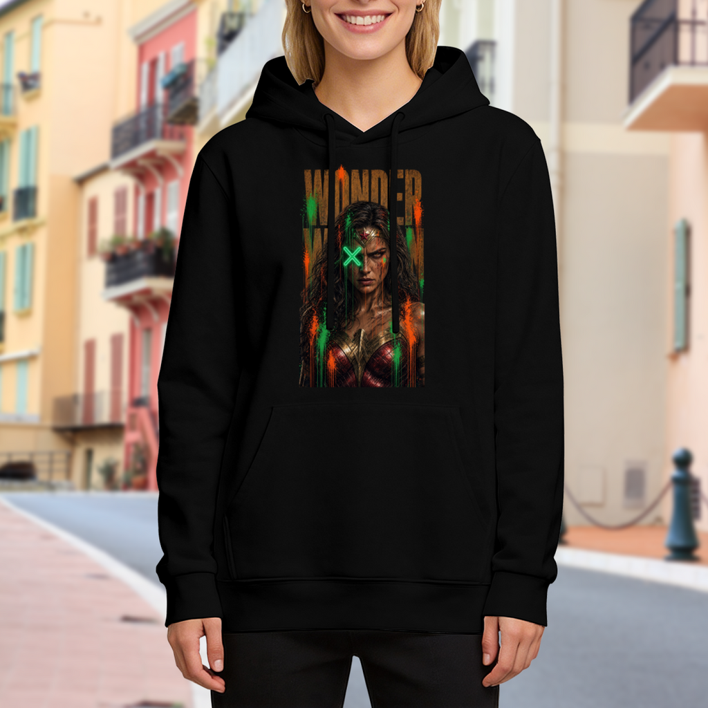Women's hoodie worn outside, with the camera facing the graphic of a tall graffiti-style warrior portrait with a green X across the eyes