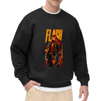 Studio photograph of a model in a men's crewneck sweatshirt showing a jacketed figure amid lightning in a tall street-style illustration