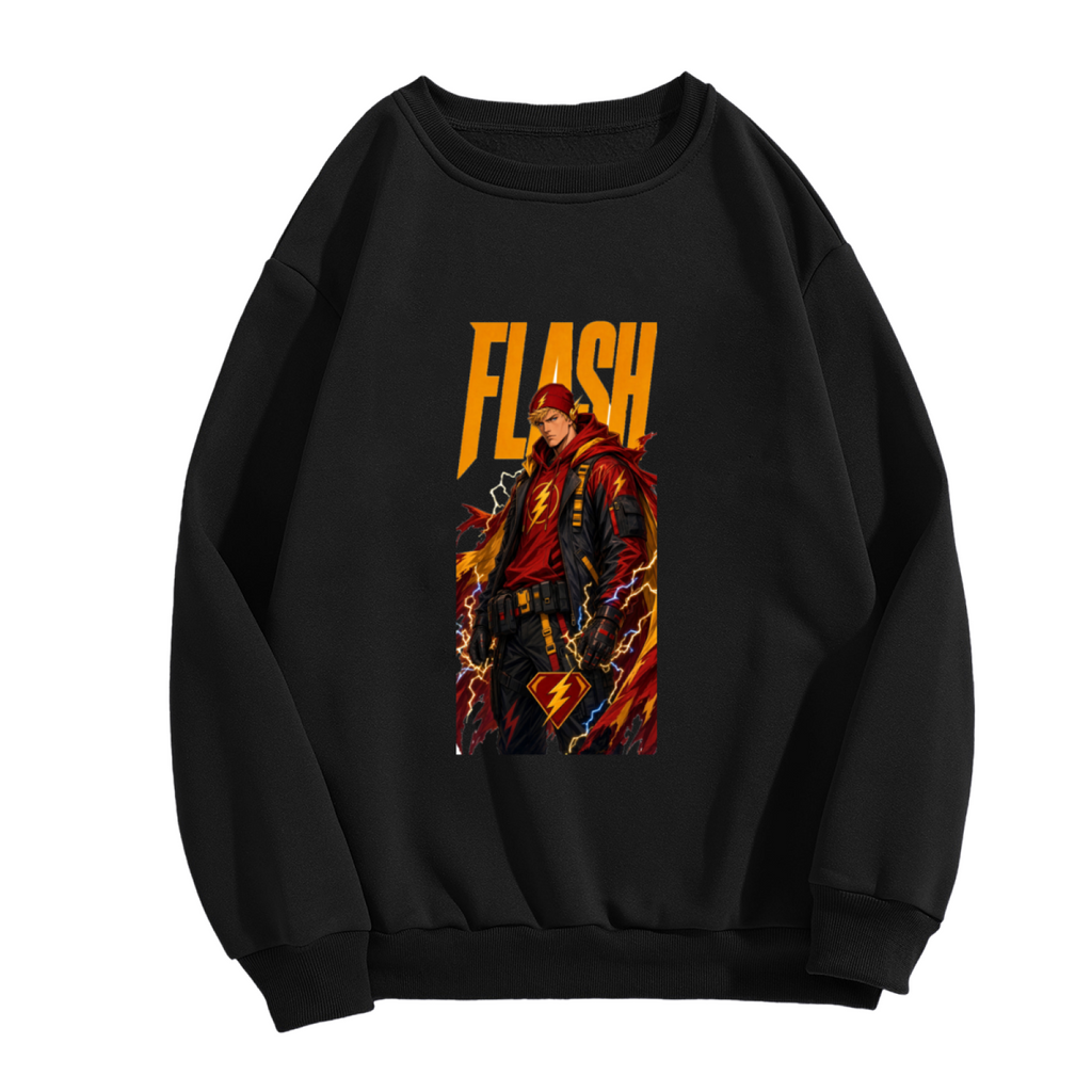 Standalone men's crewneck sweatshirt front displaying a graphic of a jacketed figure amid lightning in a tall street-style illustration