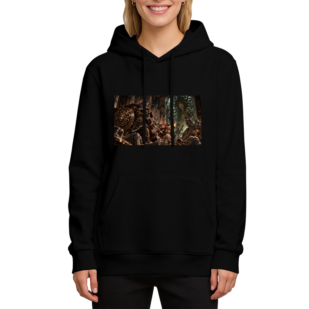 A shield-bearing cat confronting a large monster in a fantasy scene printed on a women's hoodie, shown in a front model photo