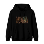 Unworn women's hoodie, front view of the design depicting a shield-bearing cat confronting a large monster in a fantasy scene