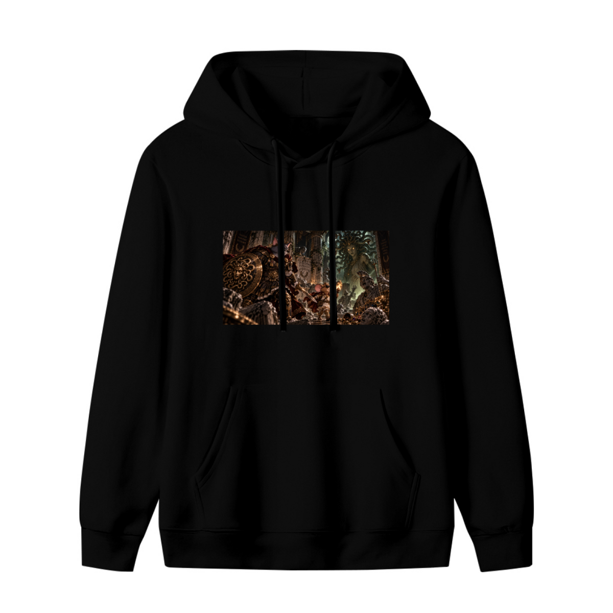 Unworn women's hoodie, front view of the design depicting a shield-bearing cat confronting a large monster in a fantasy scene