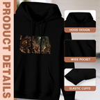 Garment and inset detail views for the women's A Cat Holds the Shield hoodie, highlighting the hood, pocket opening and cuffs