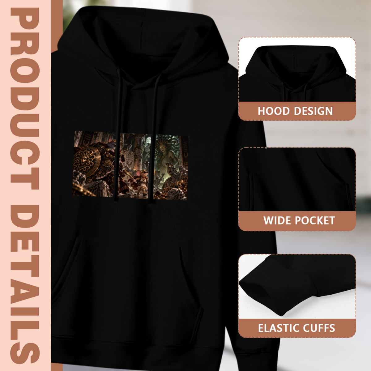 Garment and inset detail views for the women's A Cat Holds the Shield hoodie, highlighting the hood, pocket opening and cuffs