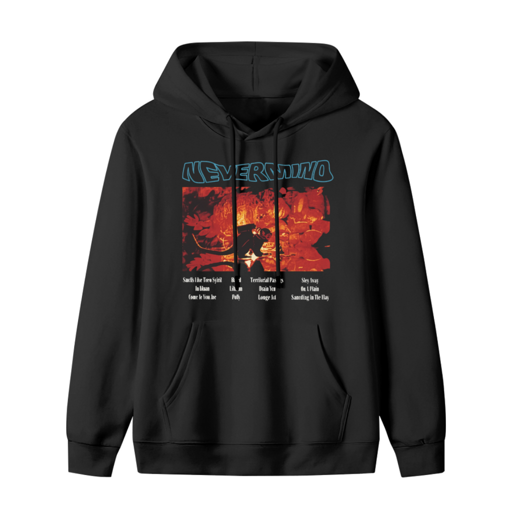 Hoodie product image with nevermind red art tracklist artwork, black colorway