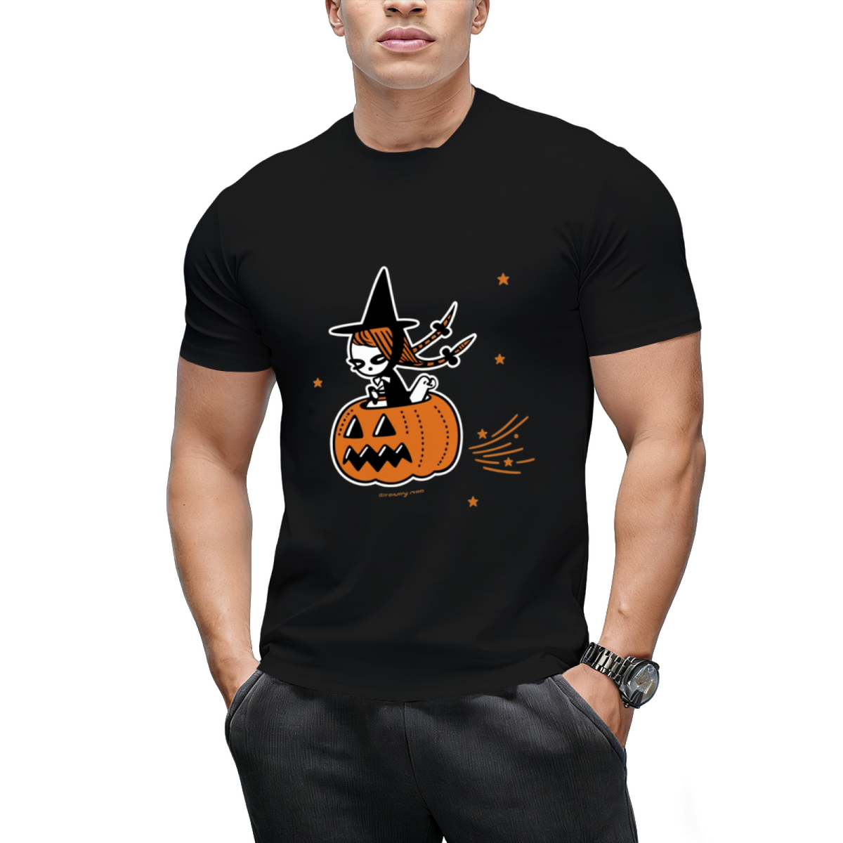 The Pumpkin Riding Witch Graphic T-Shirt
