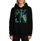 Women's hoodie seen on a model, its front graphic depicting a circular green portal inside a towering Gothic hall