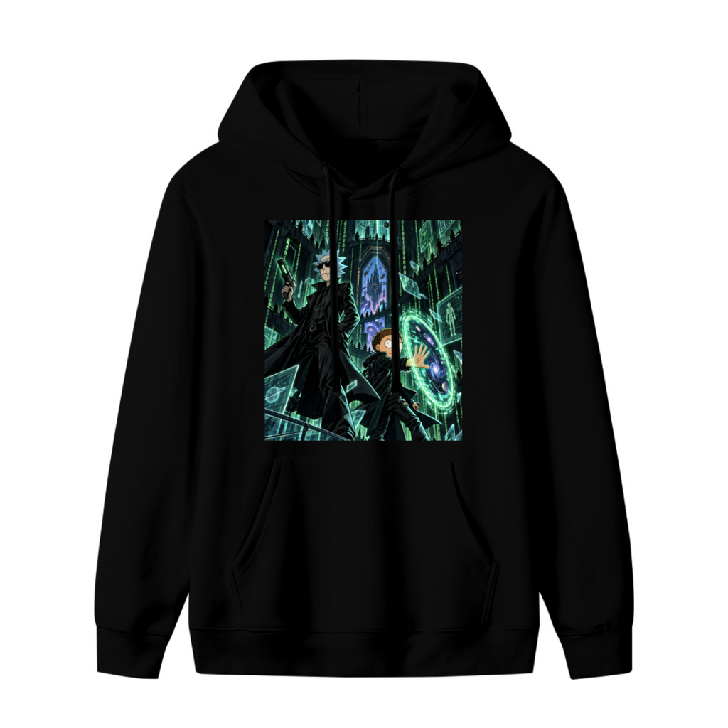 Front garment photograph: women's hoodie decorated with a circular green portal inside a towering Gothic hall