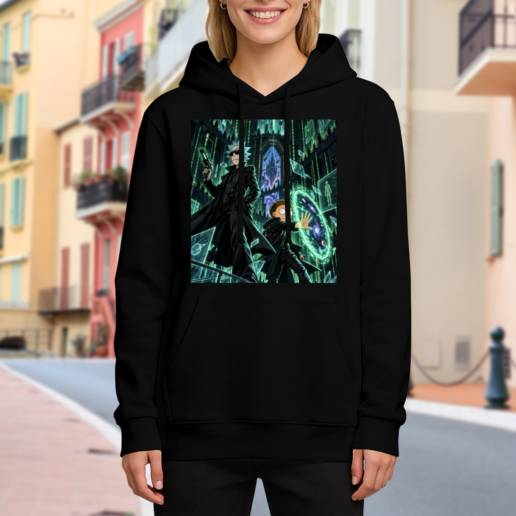 A circular green portal inside a towering Gothic hall visible on a women's hoodie in an outdoor front model view