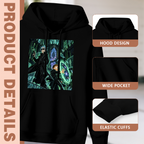 Women's Arches around a Portal hoodie product-feature illustration with close views of the hood, pocket and cuffs