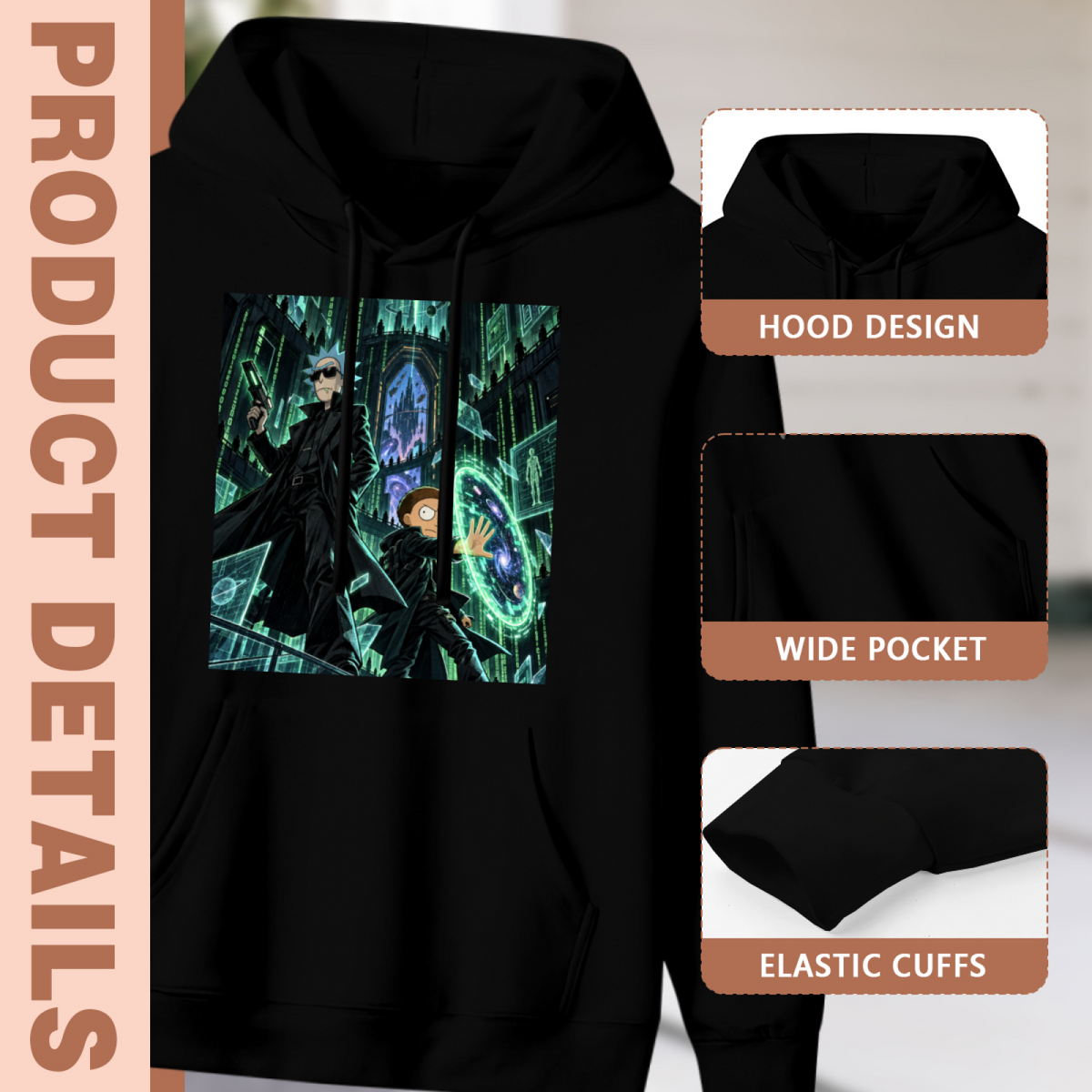 Women's Arches around a Portal hoodie product-feature illustration with close views of the hood, pocket and cuffs