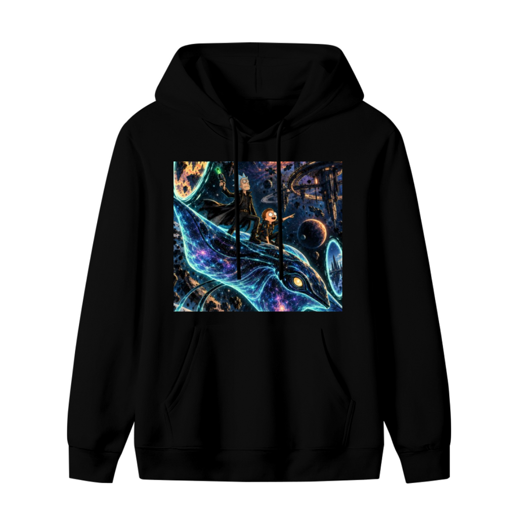Standalone men's hoodie front displaying a graphic of a whale traveling along curving trails of light through a galaxy