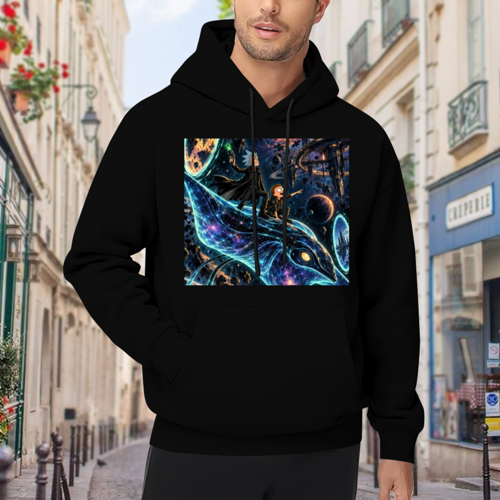 Men's hoodie worn outside, with the camera facing the graphic of a whale traveling along curving trails of light through a galaxy