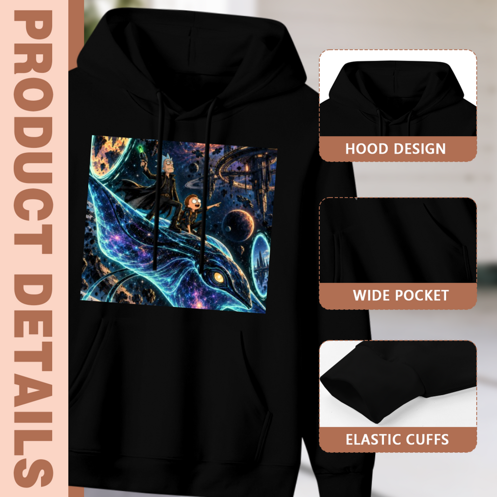 Construction-detail card for the men's Whale on a Cosmic Current hoodie, including the hood, front pouch and cuff edges