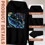 Construction-detail card for the men's Whale on a Cosmic Current hoodie, including the hood, front pouch and cuff edges