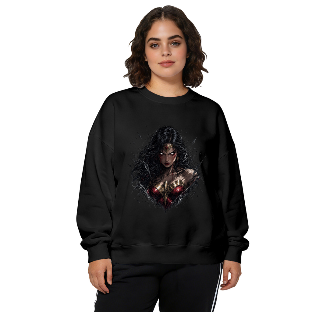 On-model product photo: women's crewneck sweatshirt bearing an armored warrior portrait with a fierce expression