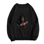 Women's crewneck sweatshirt photographed alone, with an armored warrior portrait with a fierce expression on the front