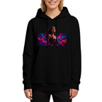 Front-facing model wearing a women's hoodie decorated with a warrior portrait against vivid prismatic bands of light