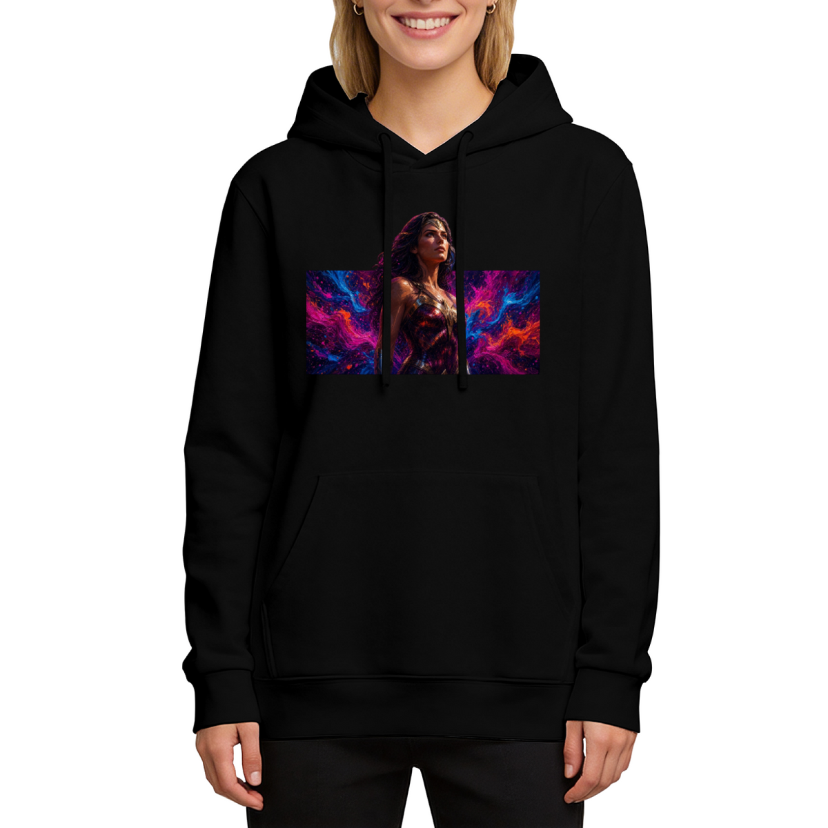 Front-facing model wearing a women's hoodie decorated with a warrior portrait against vivid prismatic bands of light