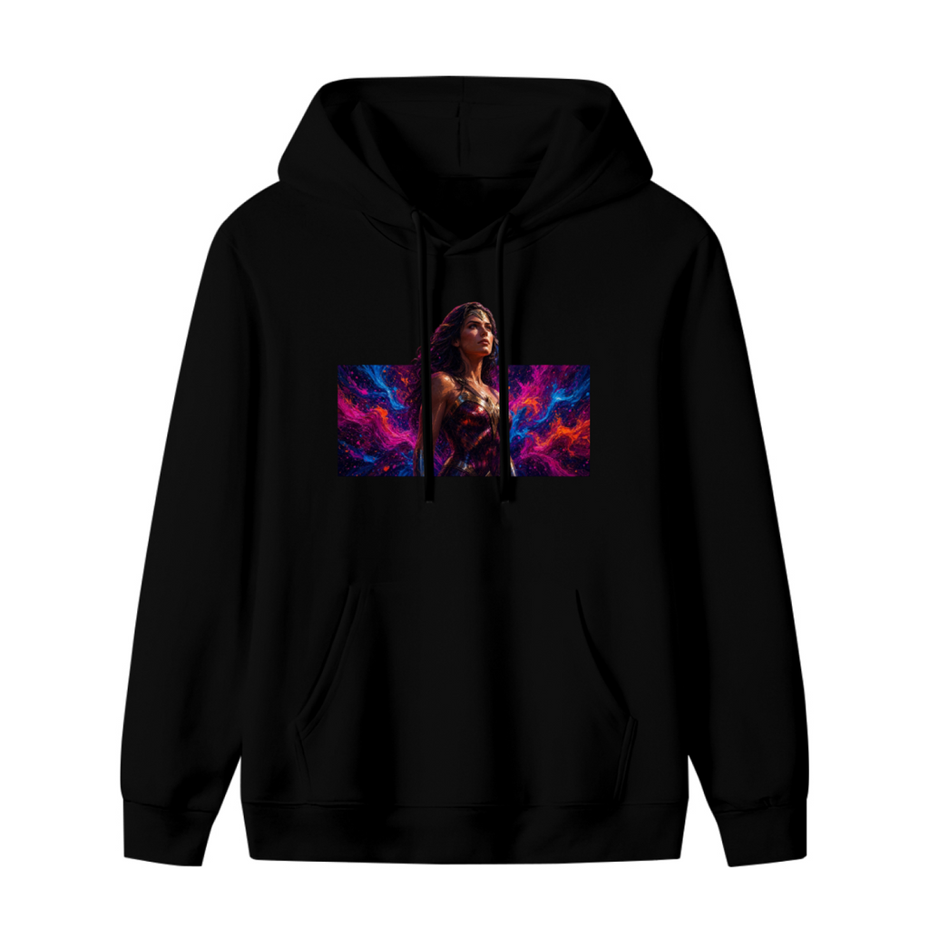 A warrior portrait against vivid prismatic bands of light shown on the front of a women's hoodie in a standalone product shot